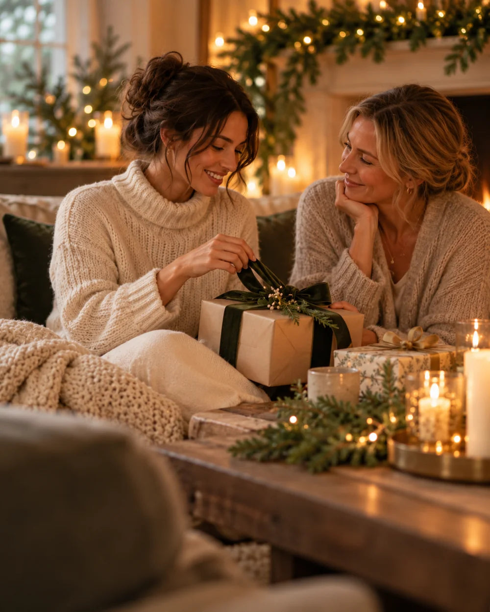 Two women sharing a thoughtfully wrapped holiday gift beside a glowing fireplace.