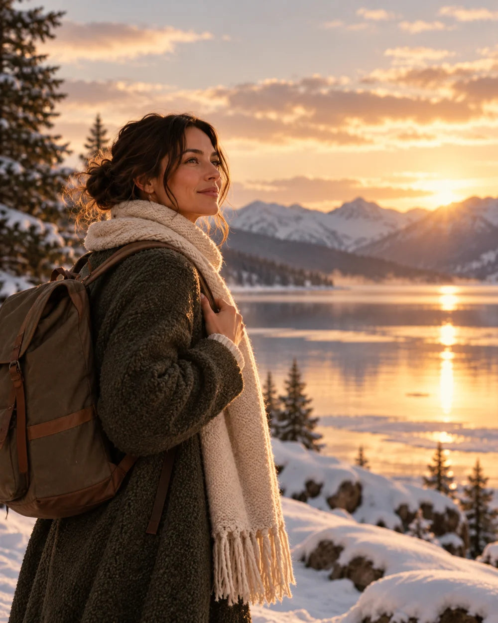 A woman looking toward a golden winter sunrise beside a mountain lake.