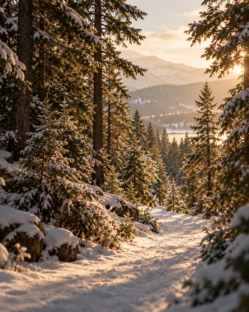 A sunlit winter trail winding through evergreen trees toward the mountains.
