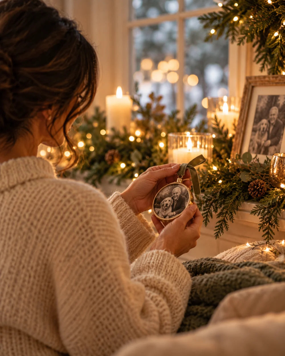 A quiet holiday moment holding a treasured photograph near candlelight and evergreen branches.