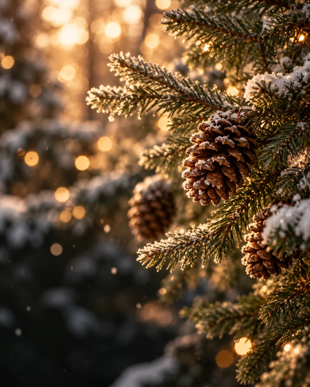 Sunlit evergreen branches and pinecones dusted with fresh snow.