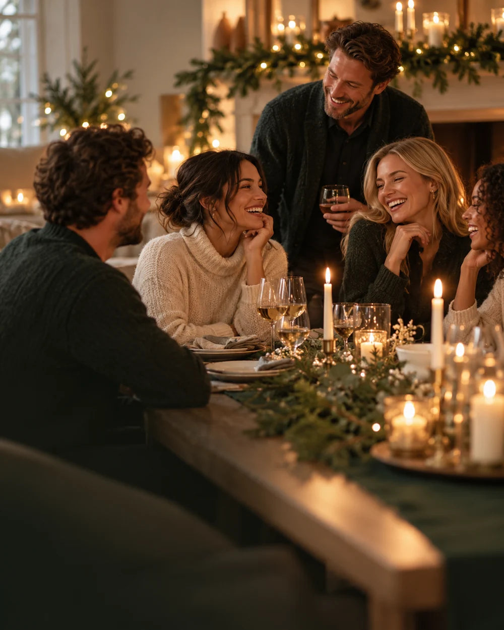 Friends laughing together around a candlelit holiday table.